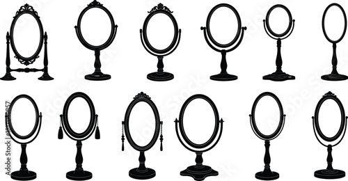 Vanity mirror silhouette collection, tabletop mirror shapes, decorative mirror designs, oval and round frames, vintage mirror styles, cad drawing flat vector illustration