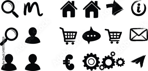 UI icon set, web interface symbols, navigation graphic pack, black vector elements, digital tools, flat illustration, user experience design