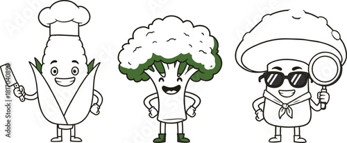 Vegetable character icon set, cartoon food mascots, chef broccoli mushroom, playful healthy graphics, kids illustration pack, flat vector design