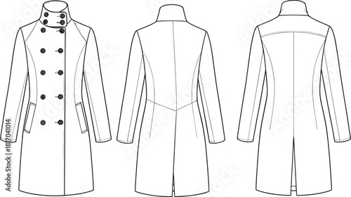 Women's coat technical sketch, fashion design flat, garment construction drawing, princess seam coat, CAD illustration, vector template, apparel blueprint