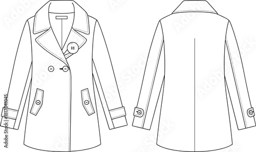 Women's coat technical sketch, double-breasted fashion drawing, garment construction template, flat vector illustration, CAD apparel design, coat back view