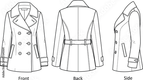 Women's pea coat technical sketch, front back side view, double-breasted fashion drawing, CAD vector illustration, garment construction template
