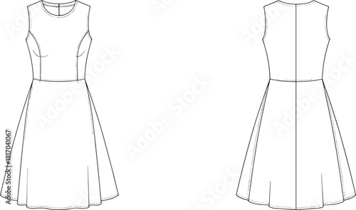 Women's sleeveless dress technical sketch, front back view, fitted bodice fashion drawing, CAD vector illustration, garment construction template
