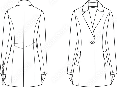 Women's tailored coat technical sketch, front back view, single-button fashion drawing, CAD vector illustration, garment construction, princess seams