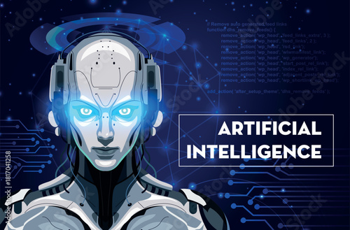 Chatbot AI Backdrop Dark Cartoon Robot Light Effect Vector Design