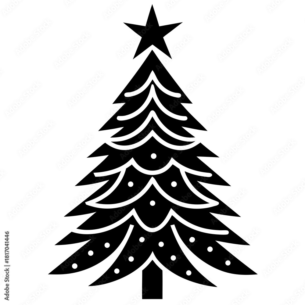 Obraz premium Stylized black silhouette of a decorated christmas tree with a star topper on a white background