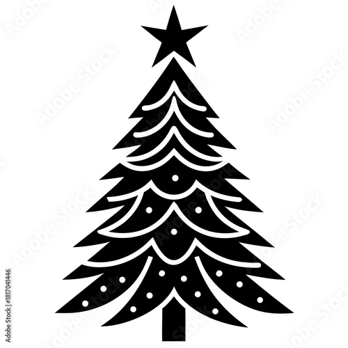 Stylized black silhouette of a decorated christmas tree with a star topper on a white background