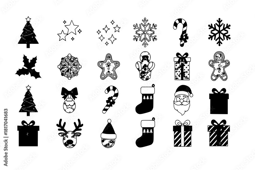 Fototapeta premium Christmas Vector Icon Set, Background, Black, Isolated 