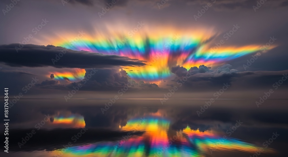 Obraz premium Breathtaking Iridescent Clouds Reflecting Vibrant Rainbow Colors on Calm Water Surface at Dusk