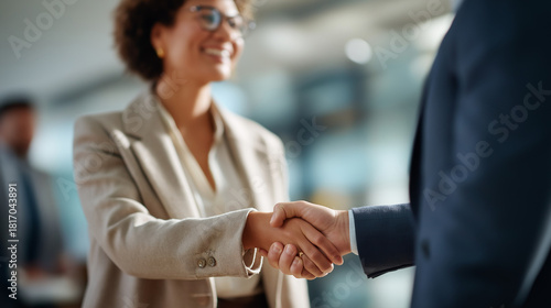 Handshake of business professionals at office gathering faceless young woman and man defocused meeting background professional agreement moment corporate greeting scene busine