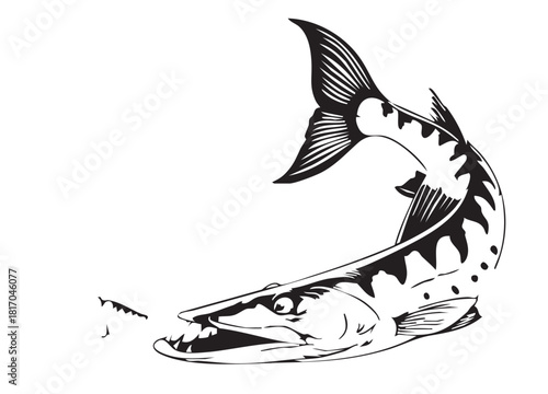 Predatory Fish Vector Illustration — Black and White Dynamic Design of Aggressive Aquatic Chase with Sharp Teeth and Motion