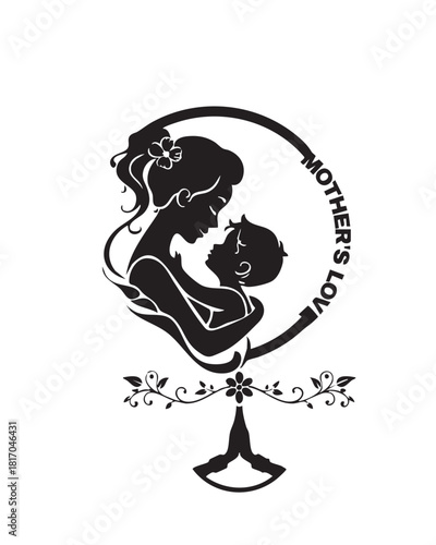 Mother’s Love Vector Illustration — Black and White Silhouette of Mom Holding Child with Floral Accent and Circle Frame