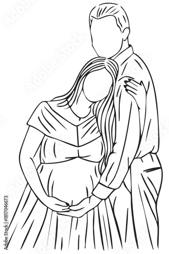 Pregnant Couple Silhouette Vector — Emotional Black Line Illustration of Expecting Parents in Loving Embrace