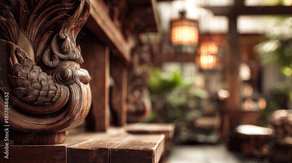 Fototapeta premium Exquisite Craftsmanship: Intricate Wood Carving in a Tranquil Garden Setting