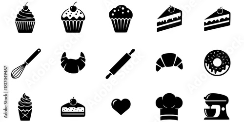 Cupcake Silhouette Set with Frosting and Cherry Topping