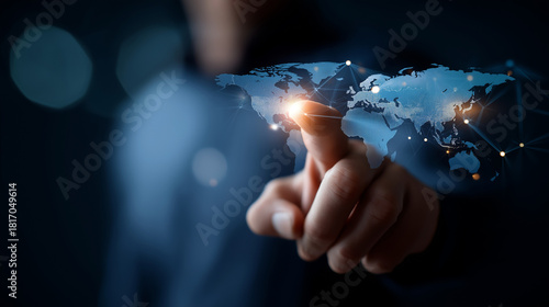 Technician engaging virtual interface displaying worldwide technical assistance network defocused digital background troubleshooting visualization remote diagnostics