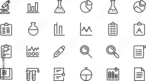 Hand drawn science and research icons set representing laboratory equipment data analysis and scientific instruments for educational or presentation purposes with a sketchy style