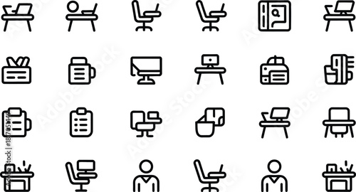 Office and workplace doodle icons a collection of hand drawn style illustrations representing desks chairs computers and office supplies for creative and minimalist design