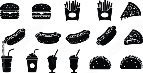 burger, pizza, fries, hotdog, soda, taco, milkshake, smoothie, cup, icon, food, snack, fast, black, vector, fast food, food icons, black silhouette, burger icon, pizza slice, soda cup, taco illustrati