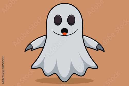 A cute cartoon ghost with big eyes and a wide smile floats happily on a warm brown background
