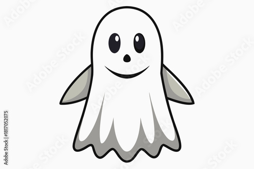 A friendly cartoon ghost with big black eyes and a wide smile floats cheerfully on a white background