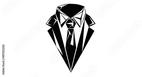 A stylized black and white illustration of a formal suit with a tie.