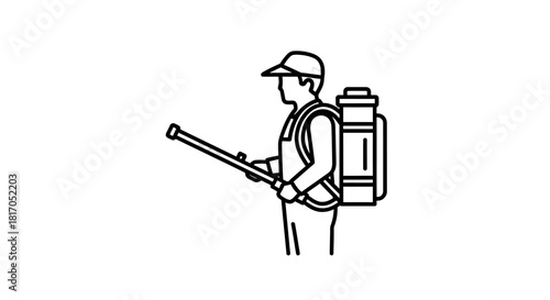 Line art icon of a person wearing a cap and carrying a backpack sprayer for pest control or gardening.