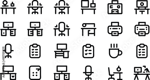 Collection of office furniture and supplies icons including desks chairs computers printers clipboards and coffee represented in a simple and clean line art style