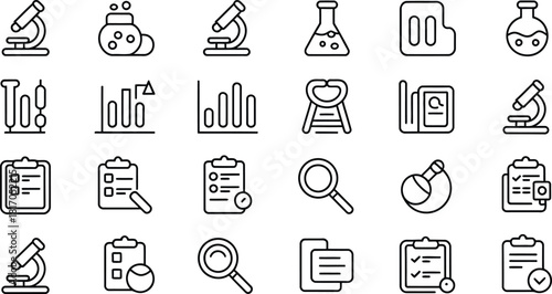Hand drawn science and research icons set featuring microscopes beakers clipboards and magnifying glasses in a sketch style