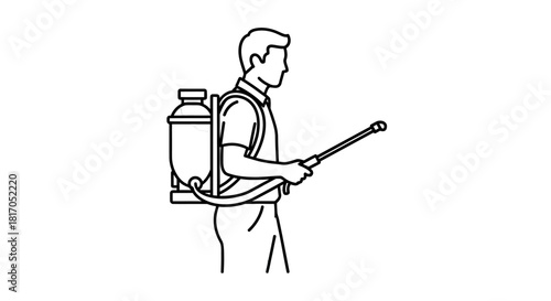 A person wearing a backpack sprayer, spraying a liquid, likely pesticide or herbicide.