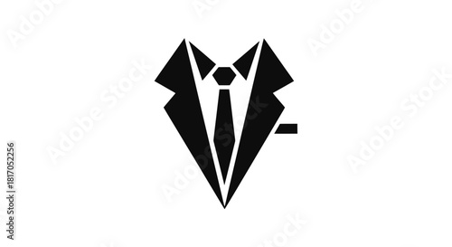 A minimalist black and white graphic illustration of a formal suit with a tie.