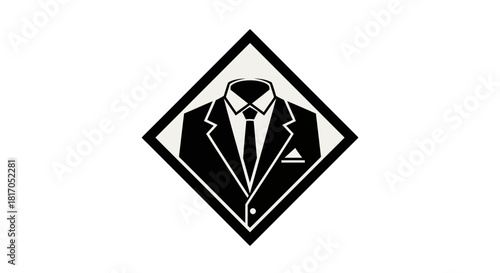 A black and white graphic of a formal suit, shirt, and tie within a diamond shape, symbolizing professionalism and elegance.