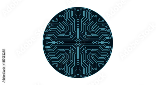 Circular circuit board design with symmetrical pattern on white background.