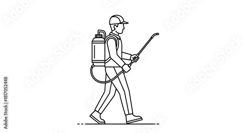 Line drawing of a person wearing a backpack sprayer and holding a spray wand, walking to perform pest control or gardening tasks.