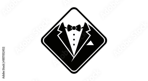 Black and white tuxedo icon inside a diamond shape, representing formal wear.