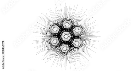 Abstract hexagonal pattern with radiating lines and particles on a white background.