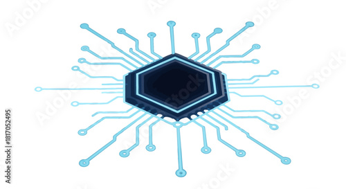 A stylized hexagonal microchip with glowing blue circuit lines radiating outwards, symbolizing advanced technology and digital processing.
