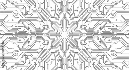 Intricate symmetrical circuit board design, showcasing a complex network of electronic pathways and connections.