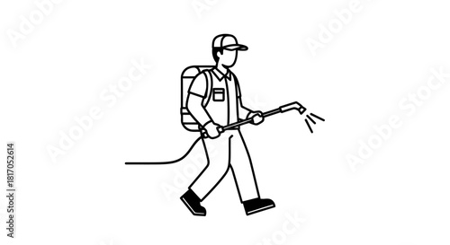 A person wearing a backpack sprayer walks while spraying a liquid substance.