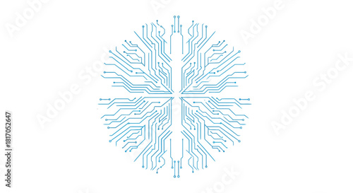 Stylized illustration of a brain composed of blue electronic circuit board pathways on a white background.