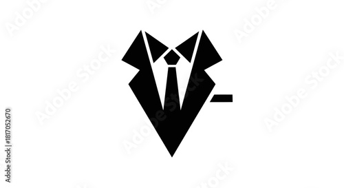 A minimalist black and white logo depicting a stylized suit jacket with a shirt and tie, representing professionalism and formal attire.