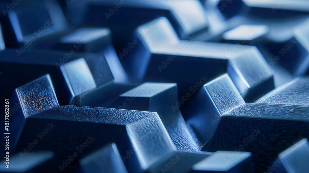 Obraz premium Detailed texture and lighting of dark blue geometric shapes forming an abstract, modern, and intricate pattern with sharp angles and depth effects on surface
