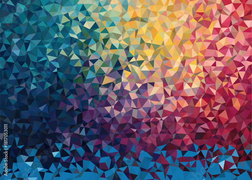 Vibrant geometric mosaic artwork composed of countless small triangles in a stunning color gradient, flowing from cool blues to warm reds, perfect for contemporary design