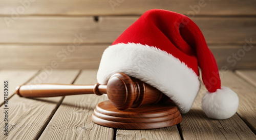 Gavel with a santa hat on a wooden table, symbolizing Christmas law and holiday justice. Legal concept for festive season. Copy space.