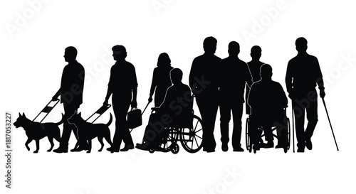 a silhouetted group of people including individuals with disabilities and their assistance animals