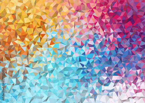 Vibrant abstract mosaic of shimmering triangular facets, seamlessly transitioning through a spectrum of warm yellows, oranges, cool blues, and purples, creating a dynamic visual texture