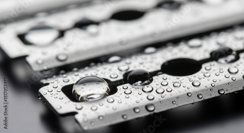 An extreme close-up of several stacked, shiny double-edge razor blades, heavily covered with glistening water droplets, emphasizing the sharpness and wetness
