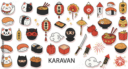Japanese culture icon set, sushi, ramen, lantern, ninja, maneki-neko, daruma, katana, kawaii, vector, outline, editable, cad drawing flat vector illustration