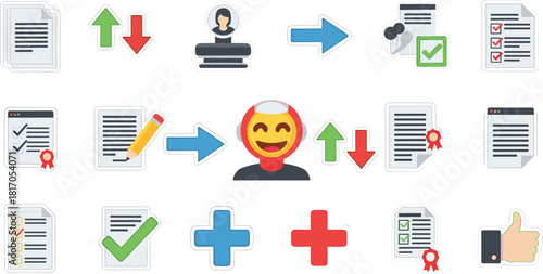 Interface icon set, emoji and symbols, digital status indicators, user actions, flat UI design, cad drawing flat vector illustration