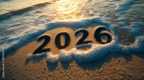 Waves gently wash over the number 2026 written in the sand at sunset, symbolizing the upcoming new year
